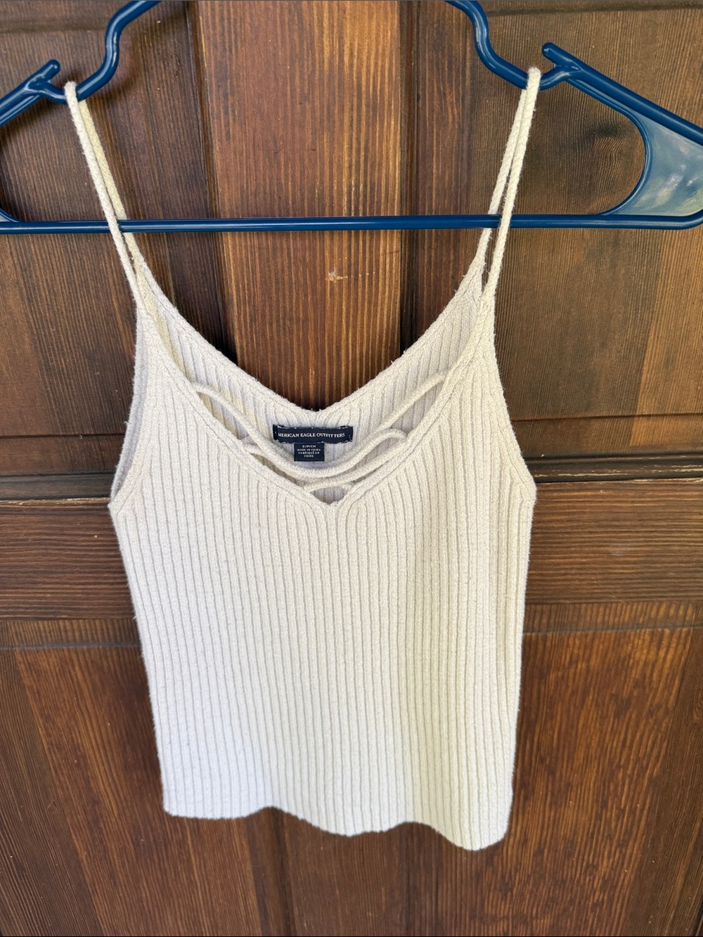American Eagle Outfitters Cream Ribbed Strappy Cami with Crisscross Detail